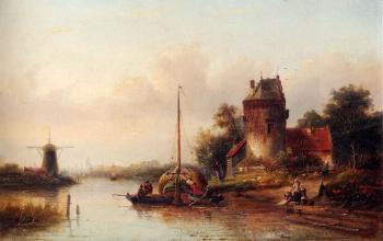 Jan Jacob Coenraad Spohler : A River Landscape In Summer With A Moored Haybarge By A Fortified Farmhouse